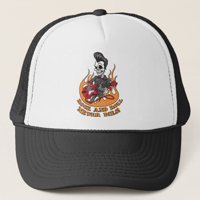 Rock And Roll Never Dies Skeleton Guitar Trucker Hat (Front)