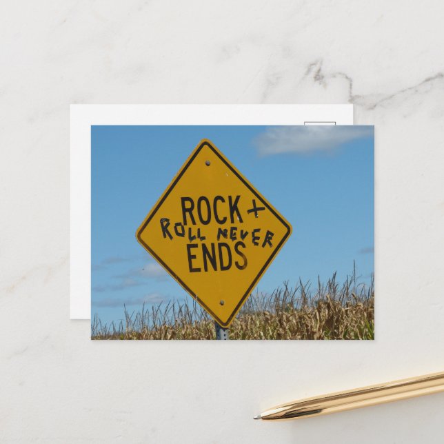 Rock and Roll Never Ends Rural Sign and Corn Field Postcard (Front/Back In Situ)