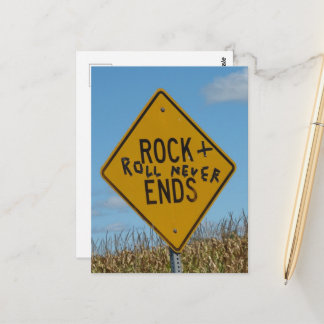 Rock and Roll Never Ends Rural Sign and Corn Field Postcard