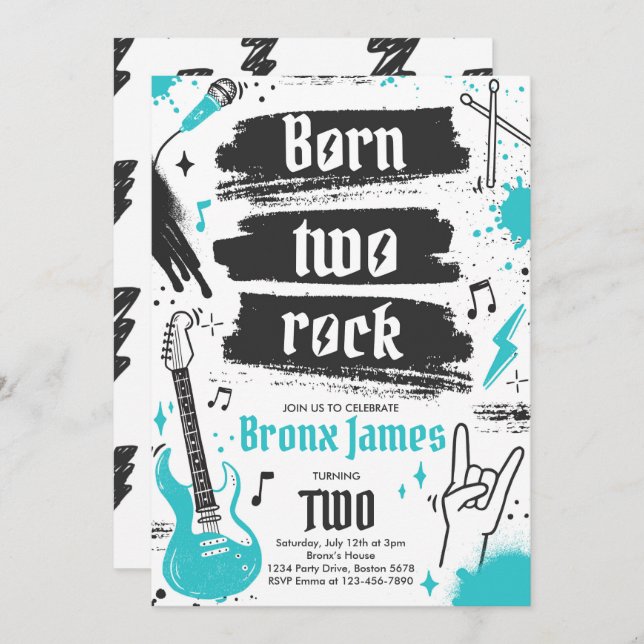 Rock and Roll Party Born Two Rock 2nd Birthday Invitation (Front/Back)