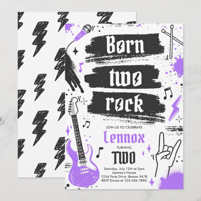 Rock and Roll Party Born Two Rock 2nd Birthday Invitation (Front/Back)
