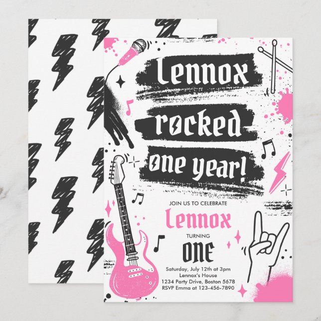 Rock and Roll Party Rocked One Year 1st Birthday Invitation (Front/Back)