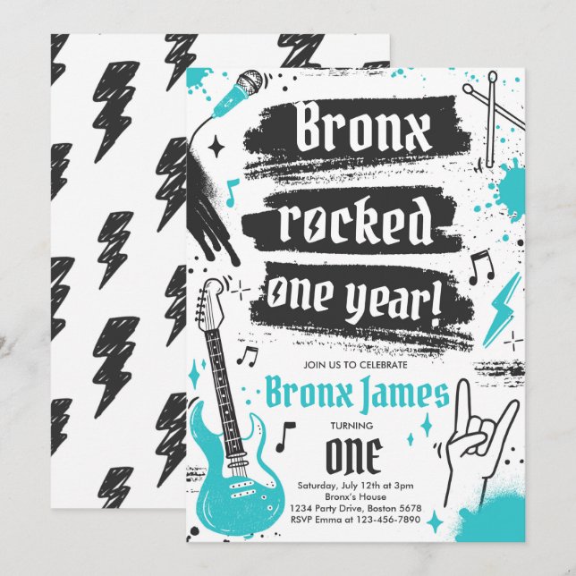 Rock and Roll Party Rocked One Year 1st Birthday Invitation (Front/Back)