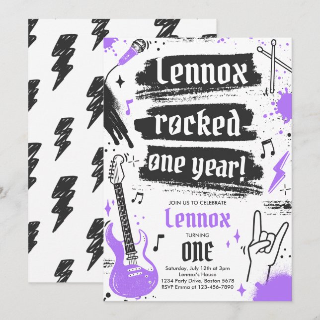 Rock and Roll Party Rocked One Year 1st Birthday Invitation (Front/Back)