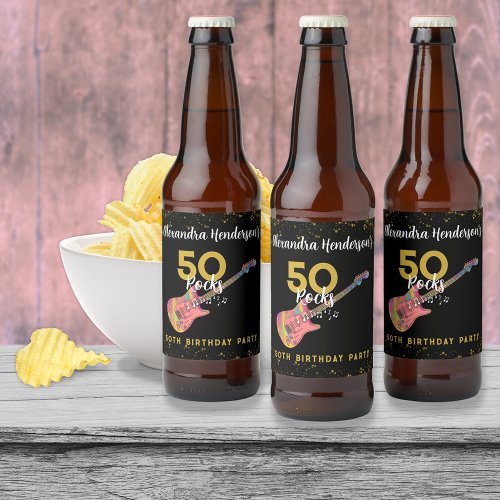 Rock and Roll Pink Black Gold 50th Birthday Party Beer Bottle Label
