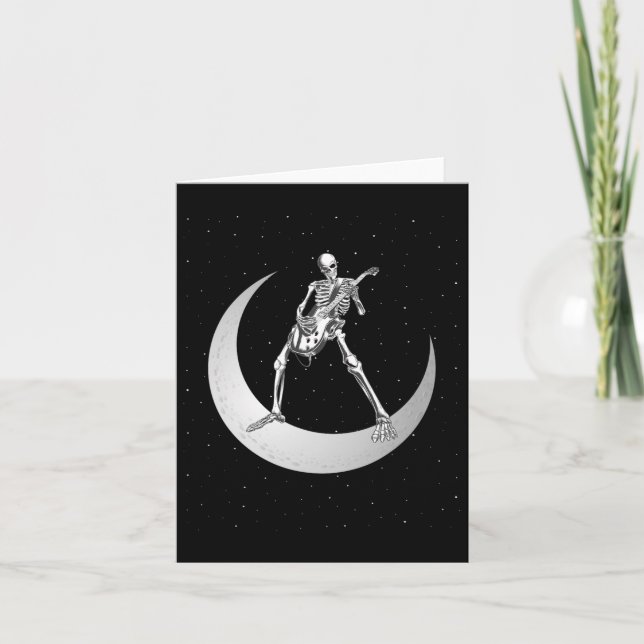 Rock And Roll Skeleton Playing Guitar Rock On Moon Card (Front)