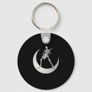 Rock And Roll Skeleton Playing Guitar Rock On Moon Keychain