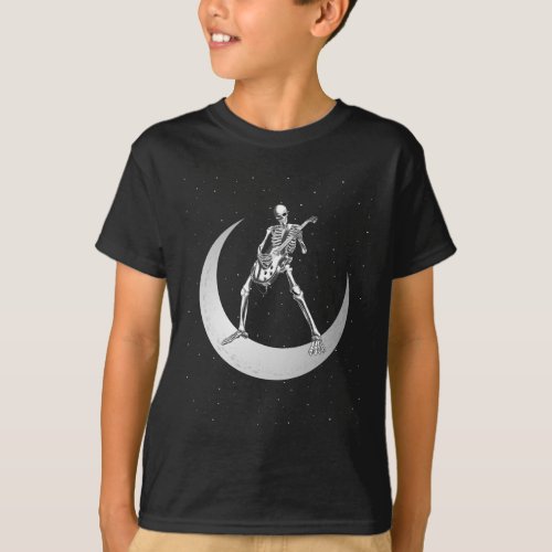 Rock And Roll Skeleton Playing Guitar Rock On Moon T_Shirt