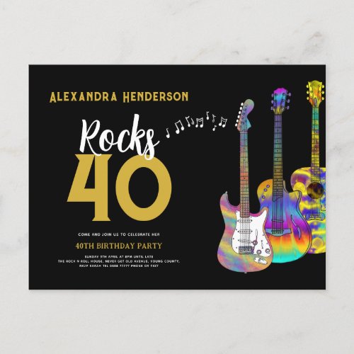 Rock and Roll Themed 40th birthday party  Invitation Postcard