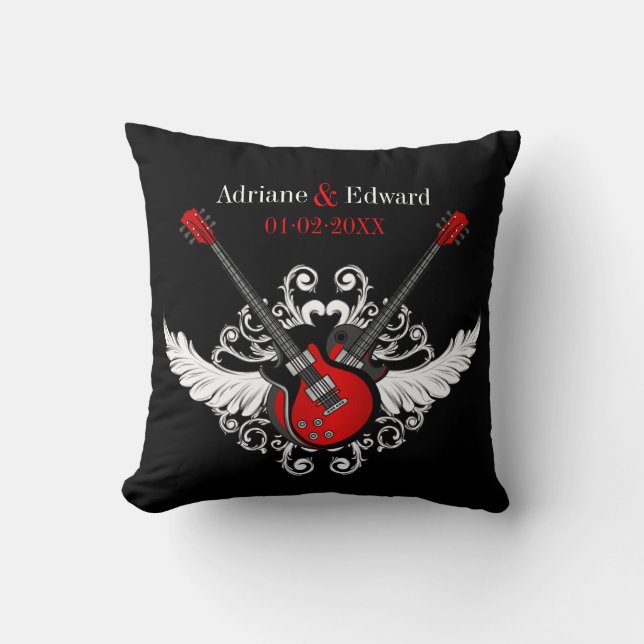 Rock and Roll Wedding Love Guitars Black Red Throw Pillow (Front)