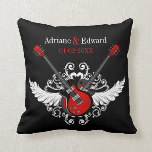 Rock and Roll Wedding Love Guitars Black Red Throw Pillow