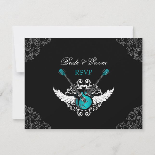 Rock and Roll Wedding Teal Black RSVP card (Front)