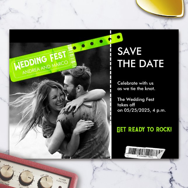 Rock and Roll Wedding Ticket Concert Save the Date (Wedding Ticket Boarding Pass Music Festival Save The Date)