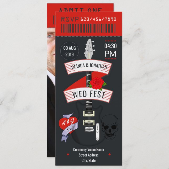 Rock and Roll Wedding ticket photo Invitation (Front/Back)
