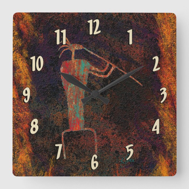 Rock Art Flute Player Square Wall Clock (Front)