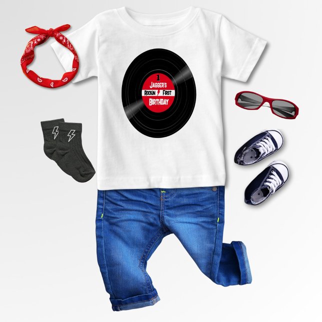 Rock Baby First Birthday Vinyl Record Red Label Baby T-Shirt (Personalized Vinyl Record T-Shirt for Baby's First Rock and Roll Birthday)