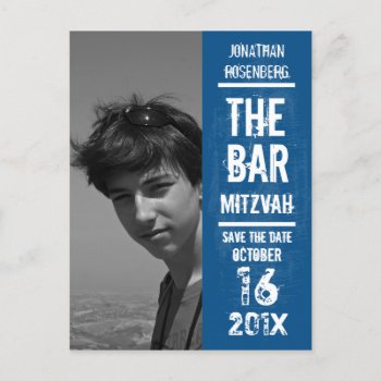Rock Band Bar Mitzvah Save The Date In Blue Announcement Postcard by Lowschmaltz at Zazzle