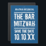 Rock Band Bar Mitzvah Save the Date in Blue Magnetic Invitation<br><div class="desc">Every great Bar Mitzvah begins with a little buzz. Generate some of your own with this save the date postcard and make sure your friends and family will be in the front row. This Bar Mitzvah invitation has a distressed background in navy blue with a complementary grunge font that pulls...</div>