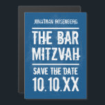 Rock Band Bar Mitzvah Save the Date in Blue Magnetic Invitation<br><div class="desc">Every great Bar Mitzvah begins with a little buzz. Generate some of your own with this save the date postcard and make sure your friends and family will be in the front row. This Bar Mitzvah invitation has a distressed background in navy blue with a complementary grunge font that pulls...</div>
