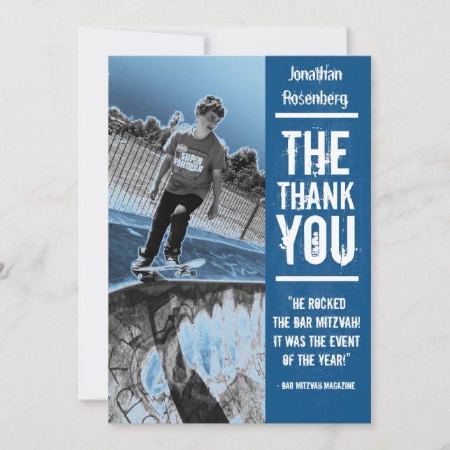 Rock Band Bar Mitzvah Thank You Card in Blue (Front)