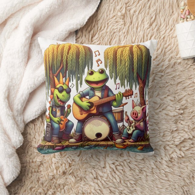 Rock Band of Animals Playing at a Riverside Park Throw Pillow (Blanket)