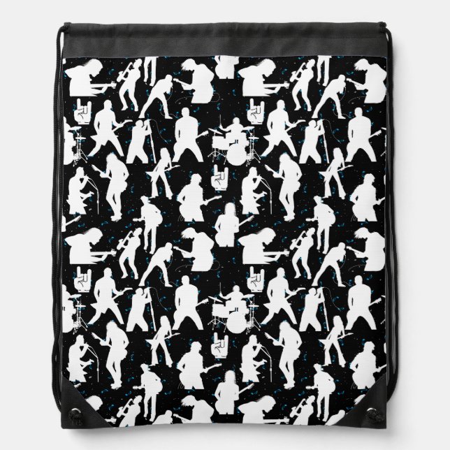 Rock Band Silhouette Pattern.w Black BG Drawstring Bag (Front)