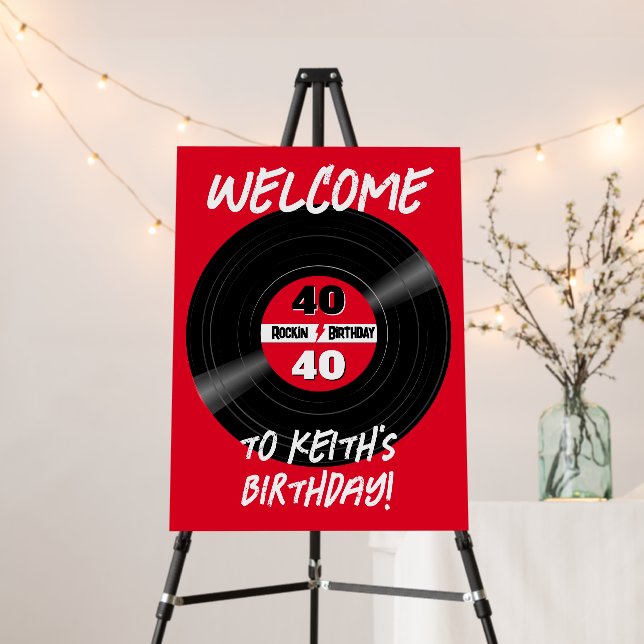 Rock Birthday Any Year Vinyl Record Red Welcome Foam Board (In Situ (Stand))
