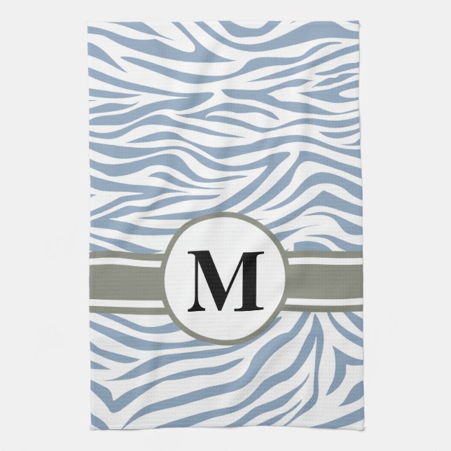 Rock Blue Safari Zebra with monogram Kitchen Towel (Vertical)