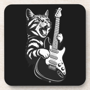 Rock Cat Playing Electric Guitar Cool Music Love Beverage Coaster