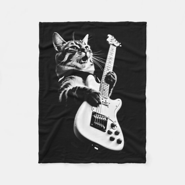Rock Cat Playing Guitar - Funny Guitar Cat 1  Fleece Blanket (Front)