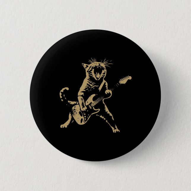 Rock Cat Playing Guitar - Funny Guitar Cat  Button (Front)