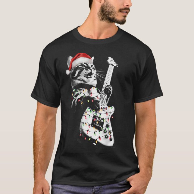 Rock Cat Playing Guitar Funny Guitar Cat Christmas T-Shirt (Front)