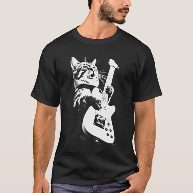 Rock Cat Playing Guitar - Funny Guitar T-Shirt (Front)