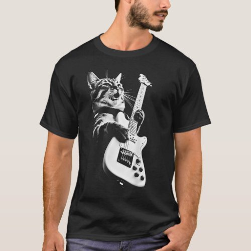 Rock Cat Playing Guitar _ Funny Guitarist Cat T_Shirt