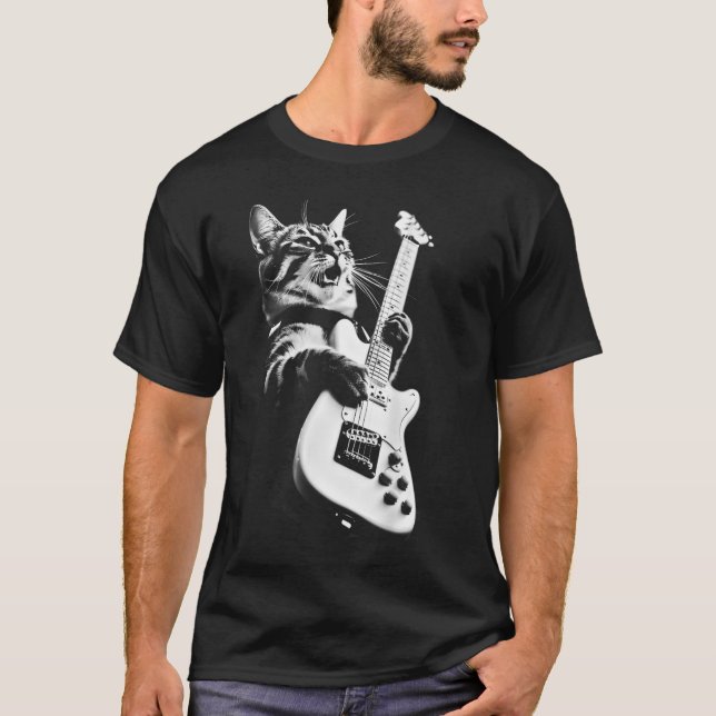 Rock Cat Playing Guitar - Funny Guitarist Cat T-Shirt (Front)
