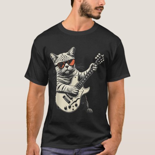 Rock Cat Playing Guitar _ Funny Guitarist Cat T_Shirt