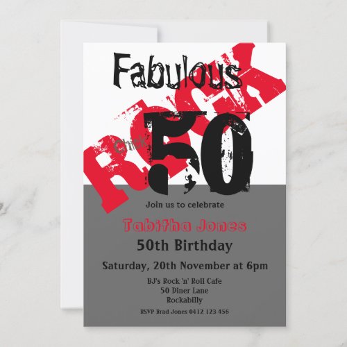 Rock Chick 50  Fabulous Red Black 50th Birthday Invitation