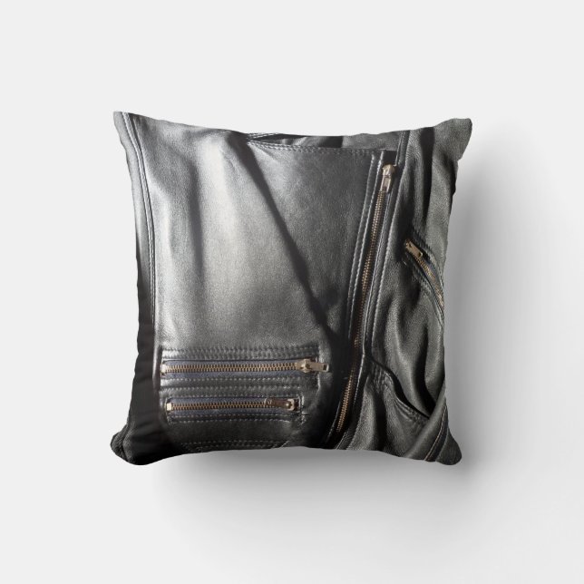 Rock Chick Black Biker Jacket Photo Throw Pillow (Front)