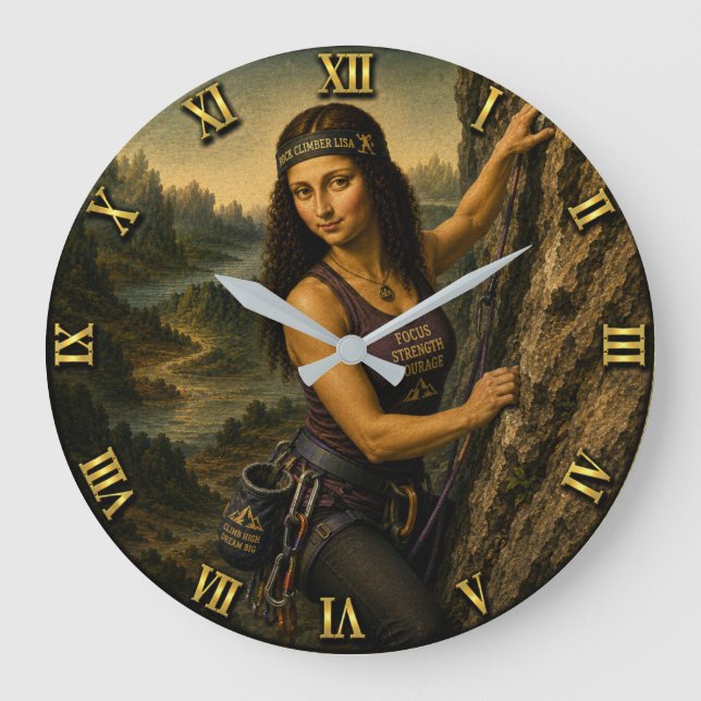 Rock Climber Funny Mona Lisa  Large Clock (Front)