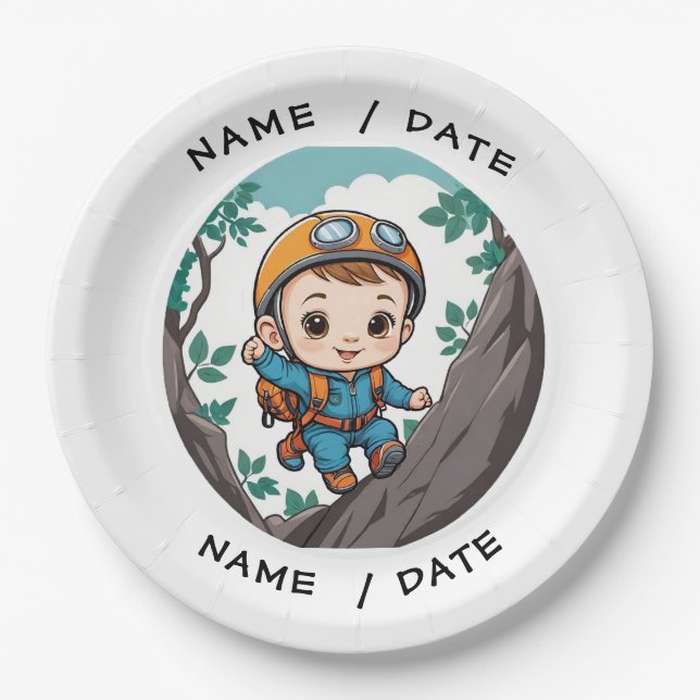 Rock Climber Outdoor Adventure Baby Boy Paper Plates (Front)
