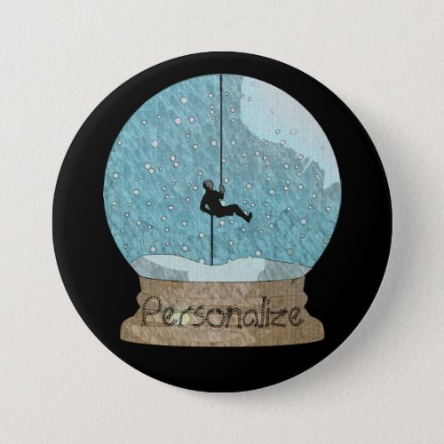 Rock climber rope repelling blue black snow globe  button