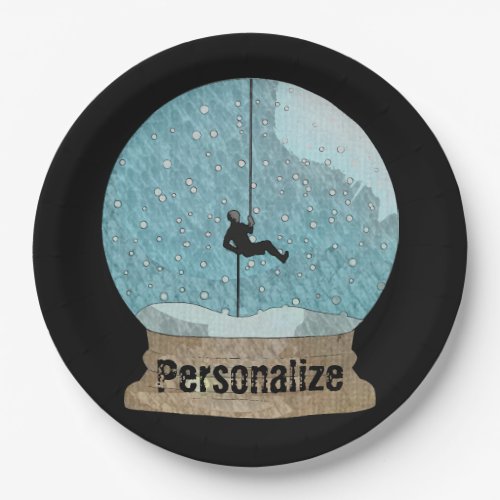 Rock climber rope repelling blue black snow globe  paper plates