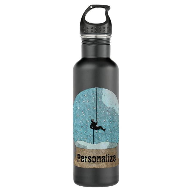 Rock climber rope repelling snow globe unique stainless steel water bottle (Front)