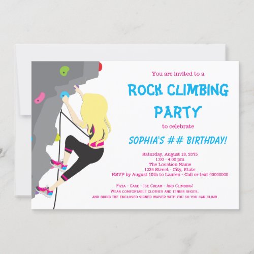 Rock Climbing Birthday Party Girl Invitations