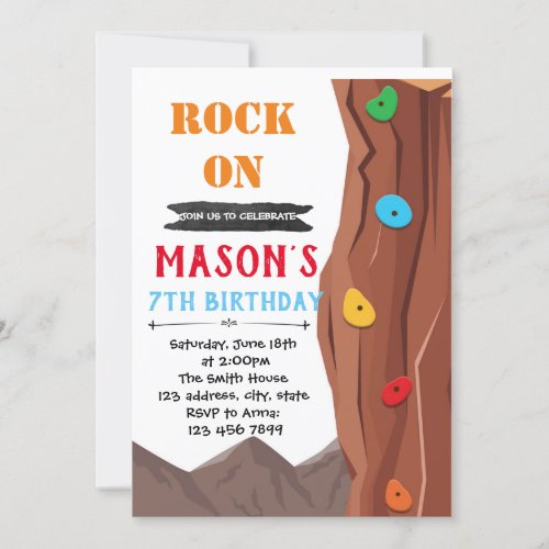Rock climbing birthday theme invitation