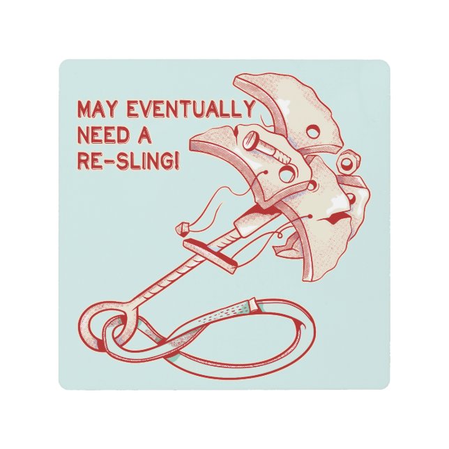 Rock climbing cam re-sling metal print (Front)