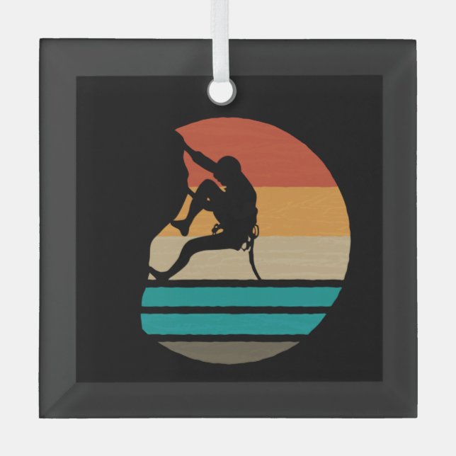 Rock Climbing Climber Retro Glass Ornament (Front)