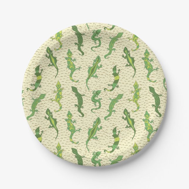 Rock Climbing Geckos on yellow - seamless pattern. Paper Plates (Front)