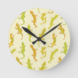 Rock Climbing Geckos on yellow - seamless pattern. Round Clock
