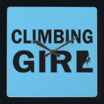 rock climbing girl square wall clock<br><div class="desc">This original rock climber silhouette text design with awesome typography font lettering is a great birthday and holiday gift idea for rock climbing, bouldering, and trekking lovers! This artwork is great for people who spent their free time climbing, also you will look amazing at this logo climbing text illustration. If...</div>